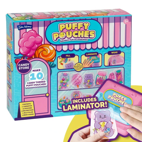 Puffy Pouches Themed Set Candy box with the included laminator sealing a Yummy Gummies pouch