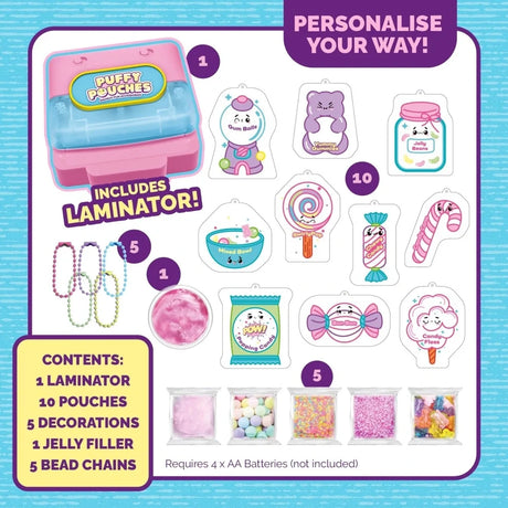 Puffy Pouches Themed Set Candy contents showing the laminator, 10 candy themed pouches, 5 decoration packs, jelly filler and 5 bead chains
