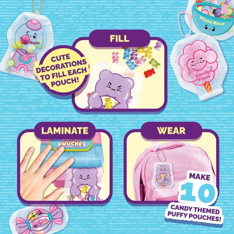 Puffy Pouches Candy Store guide showing how to fill a pouch with decorations, laminate it and attach it to a bag