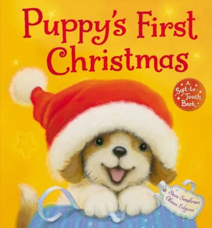Puppy’s First Christmas children’s storybook front cover with festive puppy in Santa hat in Ireland