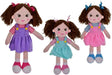 Three soft rag dolls with ribbon bows and pink cheeks on a white background