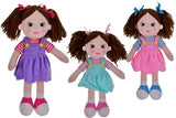 Assorted rag dolls with pigtails, striped tops and colourful pinafore dresses