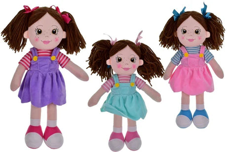 Assorted rag dolls with pigtails, striped tops and colourful pinafore dresses