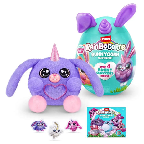 Purple Bunnycorn plush with glitter horn and long floppy ears sitting in front of teal Bunnycorn egg with collector card and three small bunny figures