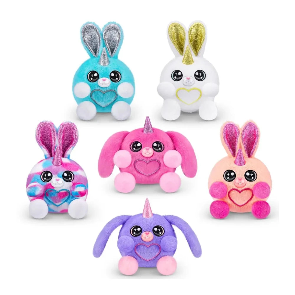Six Rainbocorns Bunnycorn plush characters in assorted colours with glitter ears, unicorn horns and heart patches displayed on white background