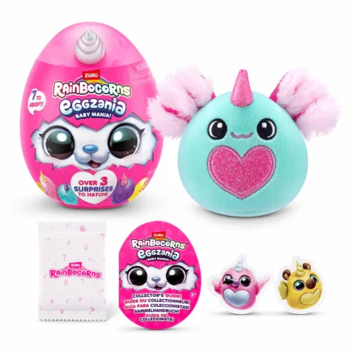 Rainbocorns Eggzania Baby Mania surprise egg with an aqua plush, collector’s guide, sticker packet and two character stickers.