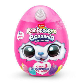 Pink Rainbocorns Eggzania Baby Mania surprise egg with white horn and large character face graphic on front
