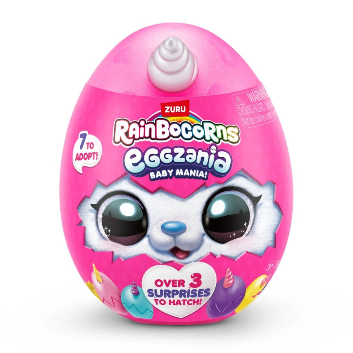 Rainbocorns Eggzania Baby Mania pink surprise egg with a horn and character face on the front.