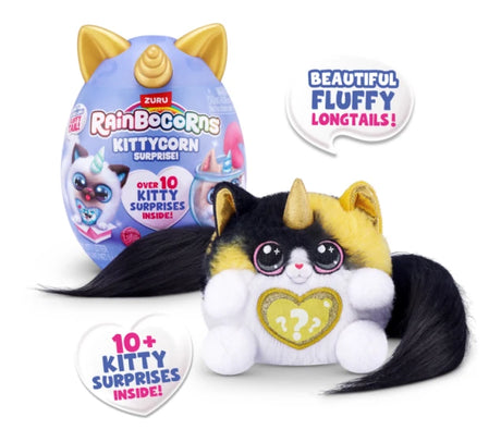 Black and yellow Rainbocorns Kittycorn plush with long black tail posed in front of purple surprise egg with text bubbles reading “Beautiful Fluffy Longtails!” and “10+ Kitty Surprises Inside!”