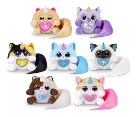 Collection image showing six different Rainbocorns Kittycorn plush characters in assorted colours with long fluffy tails and heart patches on white background