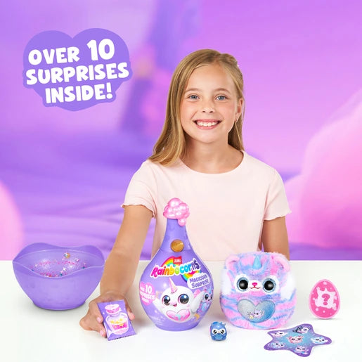 Child beside an opened capsule, two plush characters and small accessories