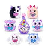 Six assorted Rainbocorns Magicorn plush characters around a purple surprise capsule