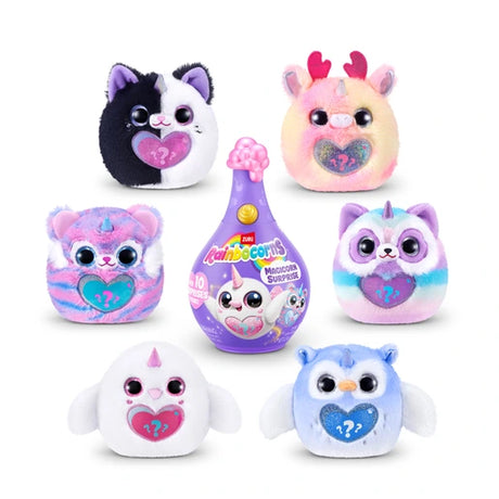 Six assorted Rainbocorns Magicorn plush characters around a purple surprise capsule