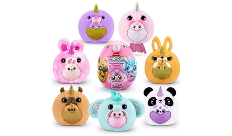 Rainbocorns Mamacorn Surprise collection display showing seven assorted plush Mamacorns with baby figures around pink surprise egg on white background
