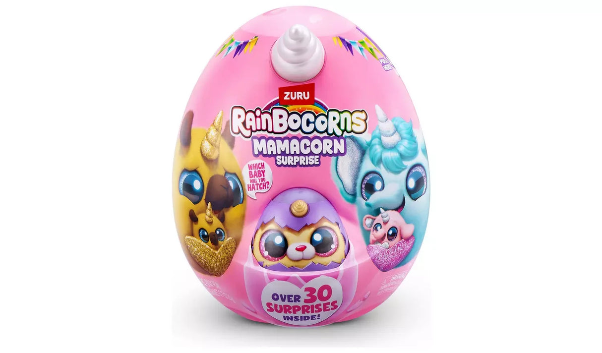 Rainbocorns Mamacorn Surprise pink egg packaging with white horn and printed Mamacorn characters on front