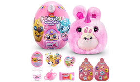 Rainbocorns Mamacorn Surprise pink plush Mamacorn with bunny ears and heart pouch holding baby, shown with egg and included accessories laid out