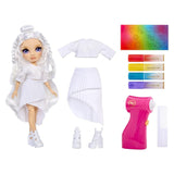 Rainbow High Air Brush & Create doll with white hair and clothing displayed alongside a separate white top, pleated skirt, boots, four coloured markers, rainbow stencil sheet, pink airbrush tool and white comb.