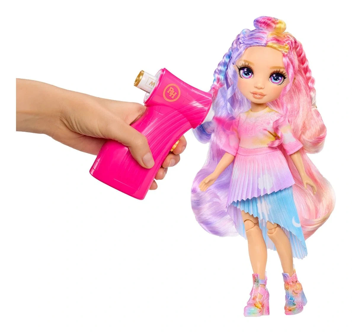 Rainbow High Air Brush & Create doll with long pink, purple and blue hair, wearing a pastel coloured top, pleated skirt and colourful boots, while a hand holds a pink airbrush tool beside her hair.