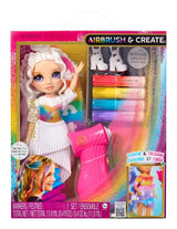 Rainbow High Air Brush & Create doll in her colourful retail packaging, showing long white hair, a white pleated skirt, four coloured markers, white boots and a bright pink airbrush tool.