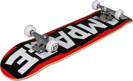 Rampage skateboard shown from an angled view with bold block logo graphic and white wheels
