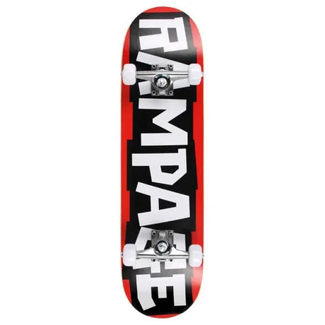 Alternate top bottom view of Rampage complete skateboard with block logo graphic and white wheels