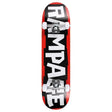 Bottom view of Rampage skateboard deck with red, black, and white block logo design and mounted trucks