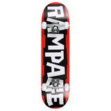 Bottom view of Rampage skateboard deck with red, black, and white block logo design and mounted trucks