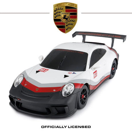 White Porsche 911 GT3 Cup remote control car shown from a front angle with Porsche crest and officially licensed text 