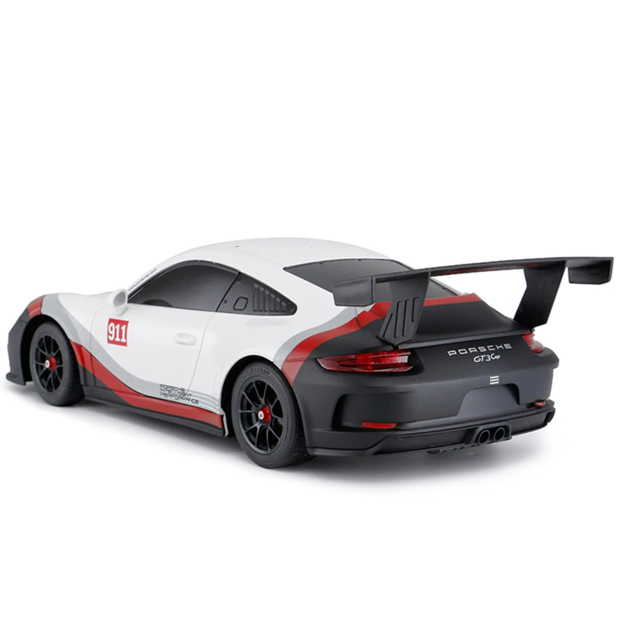 White Porsche 911 GT3 Cup remote control car shown from the rear with black spoiler and red side graphics