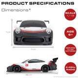Rastar Porsche 911 GT3 Cup product specification graphic showing 1:18 scale, age 6+, batteries and 2.4GHz radio icons