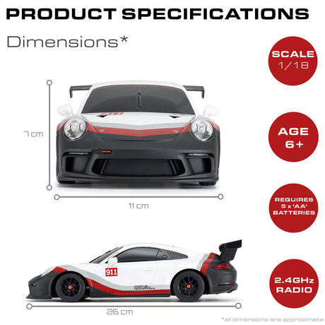 Rastar Porsche 911 GT3 Cup product specification graphic showing 1:18 scale, age 6+, batteries and 2.4GHz radio icons
