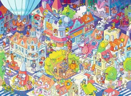 Ravensburger A Day in Chaosville puzzle artwork showing a packed cartoon town with colourful buildings, animals, vehicles and unusual characters