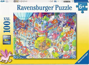 Ravensburger A Day in Chaosville 100 piece XXL jigsaw puzzle box featuring the busy illustrated town and 6+ age marking