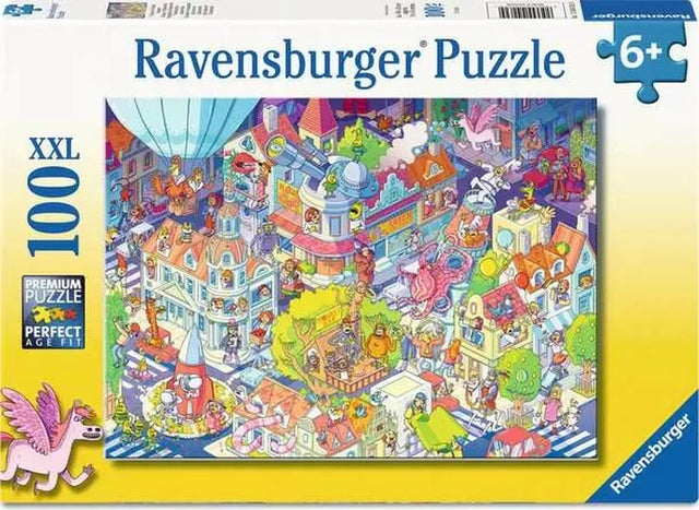Ravensburger A Day in Chaosville 100 piece XXL jigsaw puzzle box featuring the busy illustrated town and 6+ age marking