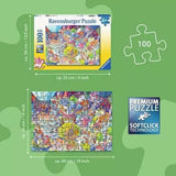 Ravensburger A Day in Chaosville 100 piece XXL puzzle size guide showing the box, completed 49 × 36 cm jigsaw and Softclick Technology