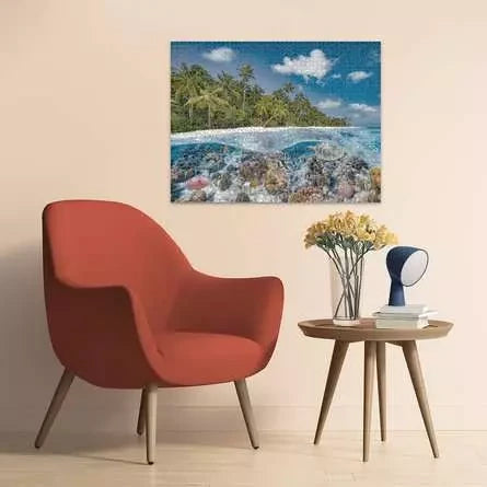 Ravensburger A Dive in the Maldives 2000 Piece Jigsaw Puzzle displayed framed on a wall
