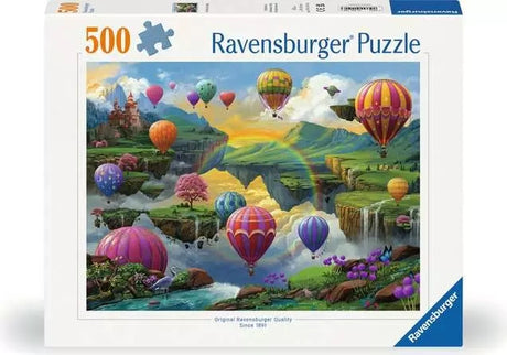 Ravensburger Air Balloon Valley 500 piece puzzle front packaging showing the colourful balloon filled fantasy landscape