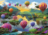Ravensburger Air Balloon Valley puzzle artwork showing colourful hot air balloons above a fantasy valley with waterfalls, floating cliffs, flowers and a rainbow