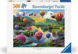 Ravensburger Air Balloon Valley 500 piece jigsaw puzzle box featuring colourful hot air balloons over a fantasy valley with waterfalls and a rainbow