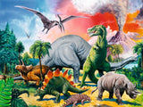 Full puzzle artwork showing a colourful prehistoric landscape with T-Rex, brachiosaurus, stegosaurus, ankylosaur, triceratops, pterodactyls in flight, and an erupting volcano in the background