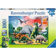 Ravensburger 100 piece XXL puzzle box front for Among the Dinosaurs, aged 6 plus, with Premium Puzzle and Perfect Age Fit badges visible
