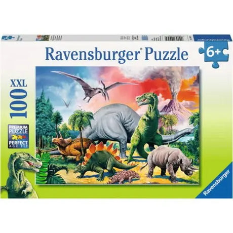 Ravensburger 100 piece XXL puzzle box front for Among the Dinosaurs, aged 6 plus, with Premium Puzzle and Perfect Age Fit badges visible