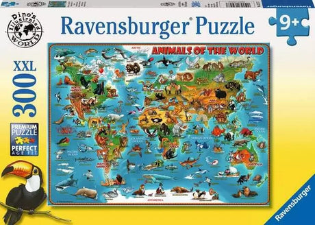 Front retail packaging for Ravensburger Animals of the World showing the 300 XXL piece count, wildlife map image and toucan artwork