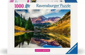 Ravensburger Aspen Colorado 1000 piece jigsaw puzzle box featuring the Maroon Bells mountains, autumn foliage and lake reflections