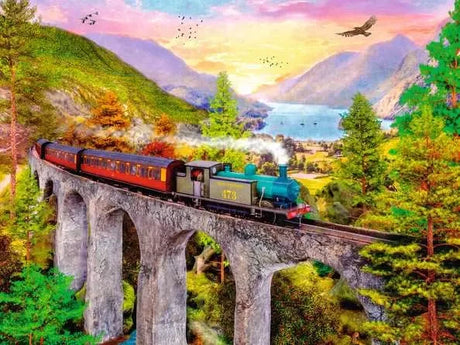 Ravensburger Autumn Viaduct 1500 Piece puzzle artwork showing a steam train crossing a stone viaduct through an autumn mountain landscape