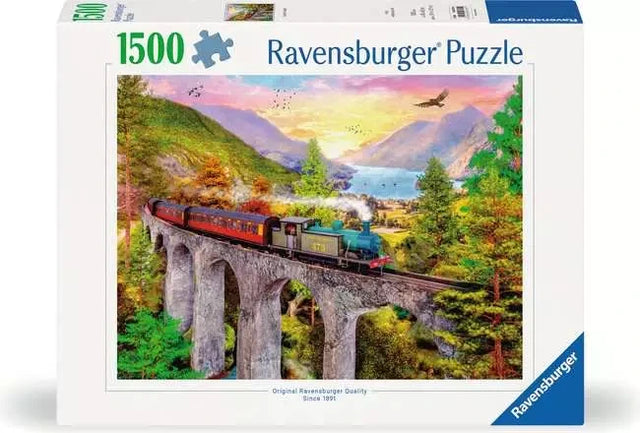 Ravensburger Autumn Viaduct 1500 Piece jigsaw puzzle retail box showing the steam train and stone viaduct artwork