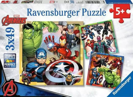 Ravensburger Marvel Avengers Assemble 3 x 49 piece jigsaw puzzle box displaying all three superhero puzzle designs and 5+ age marking