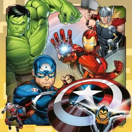 Ravensburger Avengers Assemble puzzle showing Hulk, Iron Man, Captain America, Thor and smaller Marvel heroes around Captain America's shield