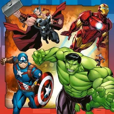 Ravensburger Avengers Assemble artwork with Hulk charging forward beneath Thor and Iron Man, with Captain America at the lower left