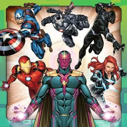 Ravensburger Avengers Assemble scene featuring Vision, Iron Man, Captain America, War Machine, Black Panther and Black Widow
